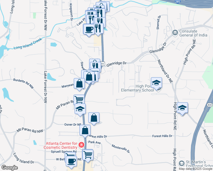 map of restaurants, bars, coffee shops, grocery stores, and more near 285 Green Hill Road Northeast in Atlanta