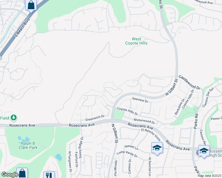 map of restaurants, bars, coffee shops, grocery stores, and more near 2445 Applewood Circle West in Fullerton