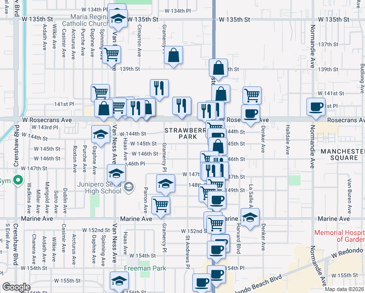 map of restaurants, bars, coffee shops, grocery stores, and more near 1912 West 145th Street in Gardena