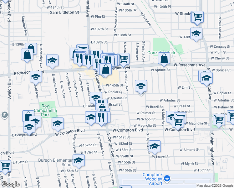 map of restaurants, bars, coffee shops, grocery stores, and more near 1612 West Poplar Street in Compton