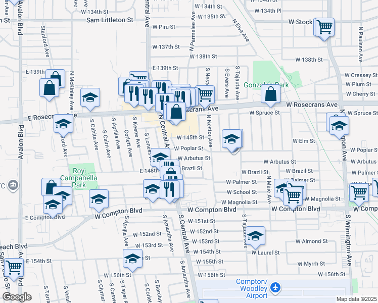 map of restaurants, bars, coffee shops, grocery stores, and more near 1704 West Poplar Street in Compton