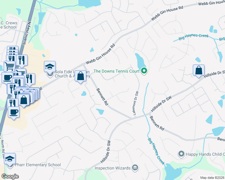 map of restaurants, bars, coffee shops, grocery stores, and more near 1250 Westwood Court Southwest in Grayson