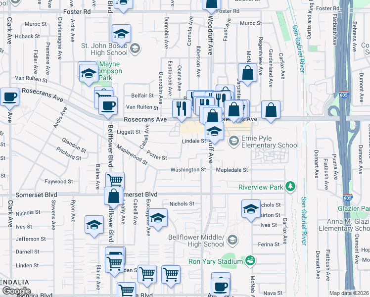 map of restaurants, bars, coffee shops, grocery stores, and more near 14516 Cornuta Avenue in Bellflower