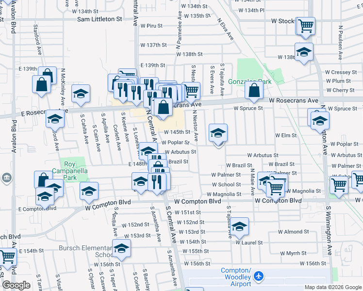 map of restaurants, bars, coffee shops, grocery stores, and more near 1612 West Poplar Street in Compton