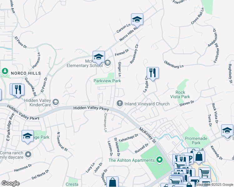 map of restaurants, bars, coffee shops, grocery stores, and more near 1022 Explanada Street in Corona