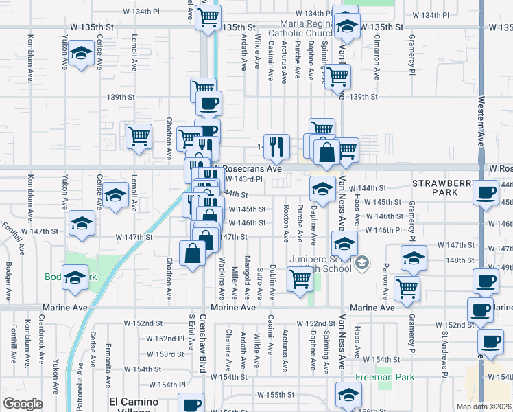 map of restaurants, bars, coffee shops, grocery stores, and more near 2627 West 145th Street in Gardena
