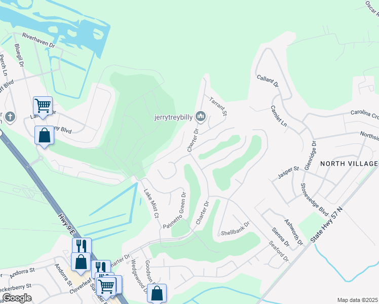 map of restaurants, bars, coffee shops, grocery stores, and more near Fairwinds Drive in Longs