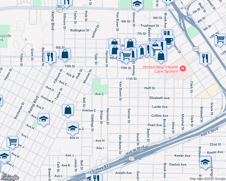 map of restaurants, bars, coffee shops, grocery stores, and more near 2011 Huff Street in Wichita Falls