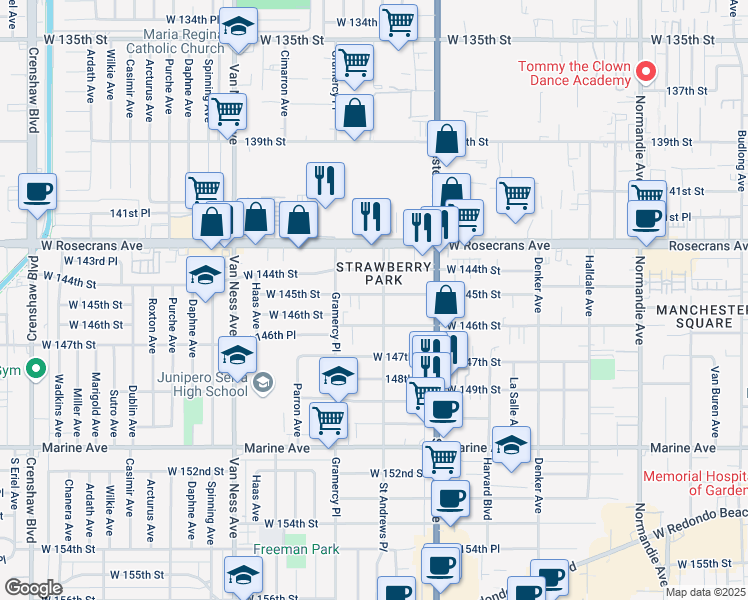 map of restaurants, bars, coffee shops, grocery stores, and more near 1912 West 145th Street in Gardena