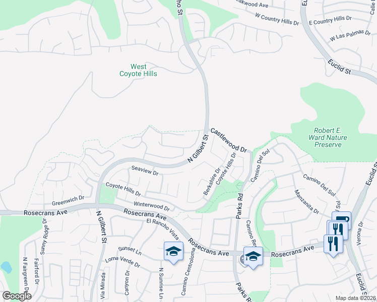 map of restaurants, bars, coffee shops, grocery stores, and more near 1760 Chantilly Lane in Fullerton