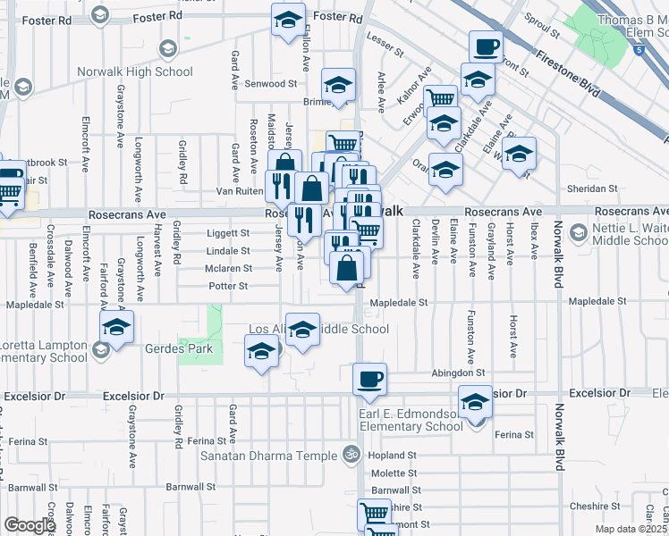 map of restaurants, bars, coffee shops, grocery stores, and more near 14411 Corby Avenue in Norwalk