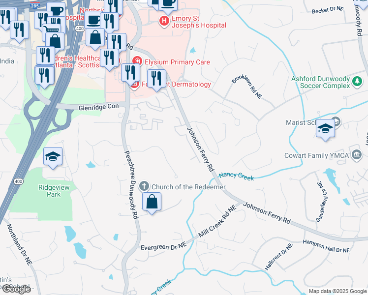 map of restaurants, bars, coffee shops, grocery stores, and more near 1541 Johnson Ferry Road Northeast in Brookhaven