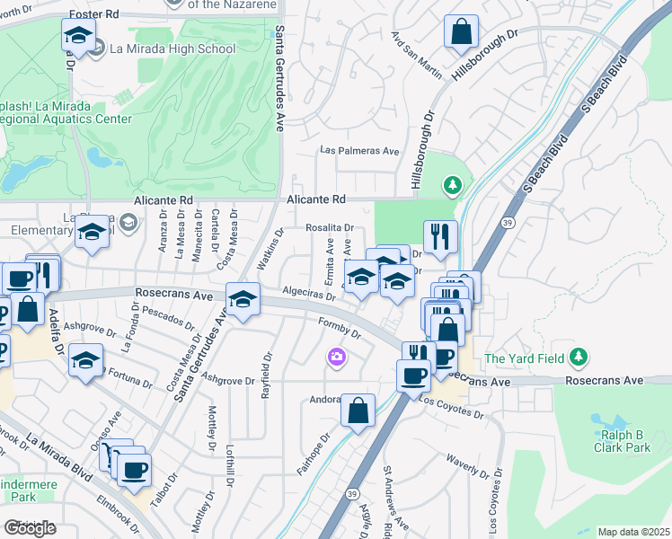 map of restaurants, bars, coffee shops, grocery stores, and more near 14520 Ermita Avenue in La Mirada