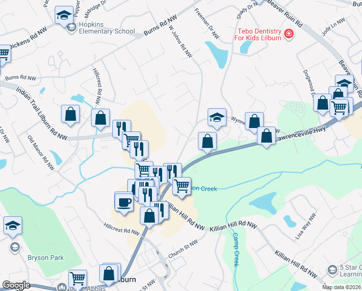 map of restaurants, bars, coffee shops, grocery stores, and more near 4690 Sterling Oaks Court in Lilburn