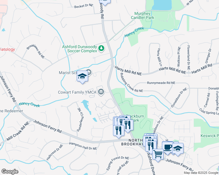 map of restaurants, bars, coffee shops, grocery stores, and more near 3699 Nancy Creek Trail in Atlanta