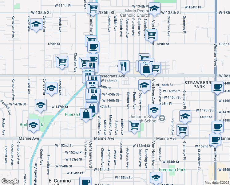 map of restaurants, bars, coffee shops, grocery stores, and more near 2627 West 145th Street in Gardena