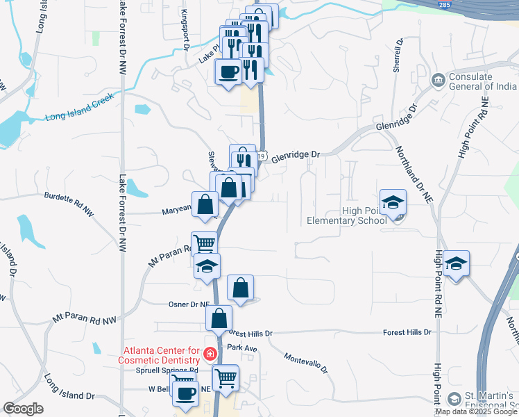 map of restaurants, bars, coffee shops, grocery stores, and more near 267 Green Hill Road Northeast in Sandy Springs