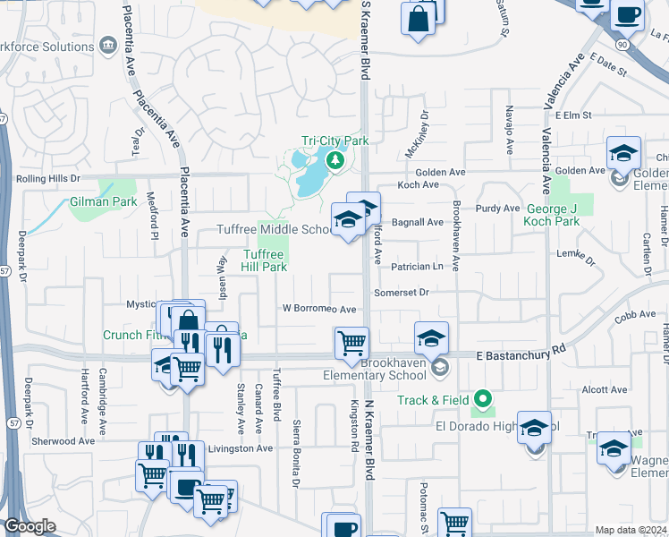 map of restaurants, bars, coffee shops, grocery stores, and more near 133 Santa Rosa Way in Placentia