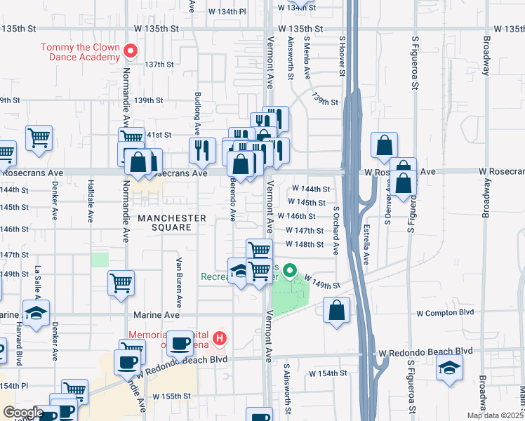 map of restaurants, bars, coffee shops, grocery stores, and more near 14417 Vermont Avenue in Gardena