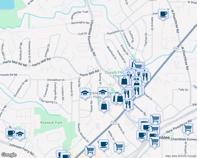 map of restaurants, bars, coffee shops, grocery stores, and more near 3694 Spring Street in Chamblee