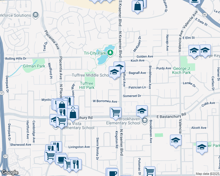 map of restaurants, bars, coffee shops, grocery stores, and more near 133 Santa Rosa Way in Placentia
