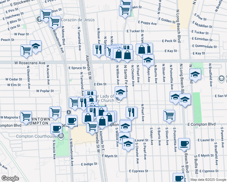 map of restaurants, bars, coffee shops, grocery stores, and more near 520 North Spring Avenue in Compton