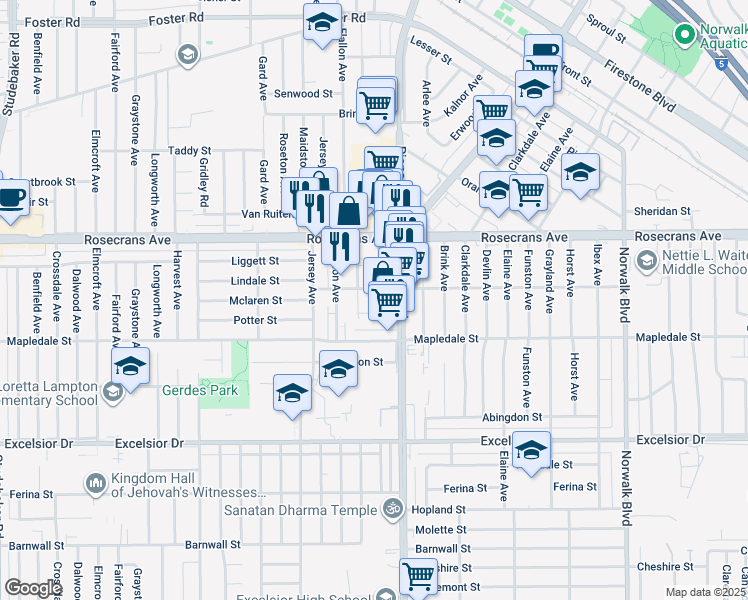 map of restaurants, bars, coffee shops, grocery stores, and more near 14411 Corby Avenue in Norwalk