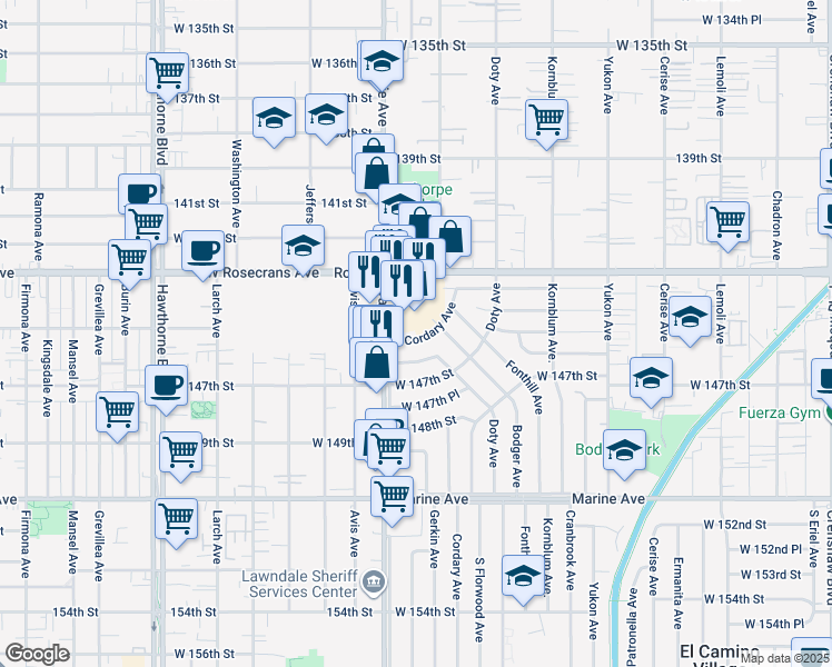 map of restaurants, bars, coffee shops, grocery stores, and more near 14509 Cordary Avenue in Hawthorne