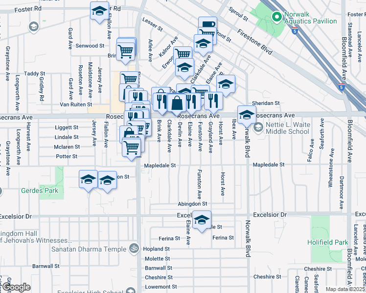 map of restaurants, bars, coffee shops, grocery stores, and more near 14412 Devlin Ave in Norwalk