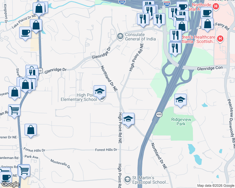 map of restaurants, bars, coffee shops, grocery stores, and more near 5341 Northland Drive Northeast in Sandy Springs