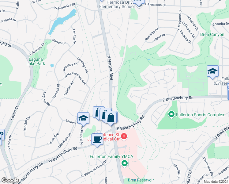 map of restaurants, bars, coffee shops, grocery stores, and more near 2602 North Harbor Boulevard in Fullerton