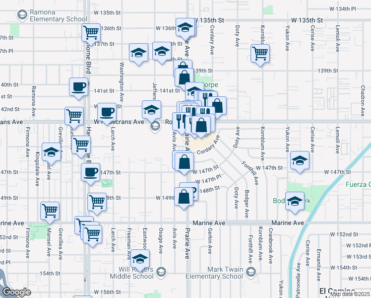 map of restaurants, bars, coffee shops, grocery stores, and more near 14505 145th Street in Lawndale