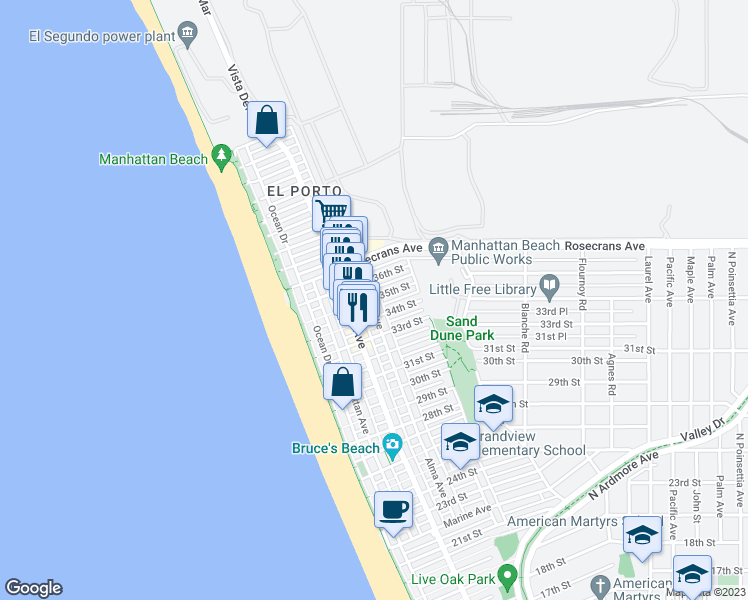 map of restaurants, bars, coffee shops, grocery stores, and more near 3420 Alma Avenue in Manhattan Beach