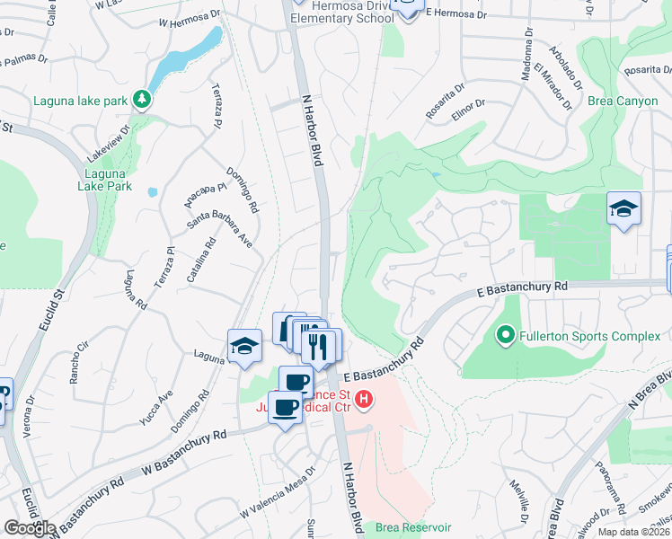 map of restaurants, bars, coffee shops, grocery stores, and more near 2602 North Harbor Boulevard in Fullerton