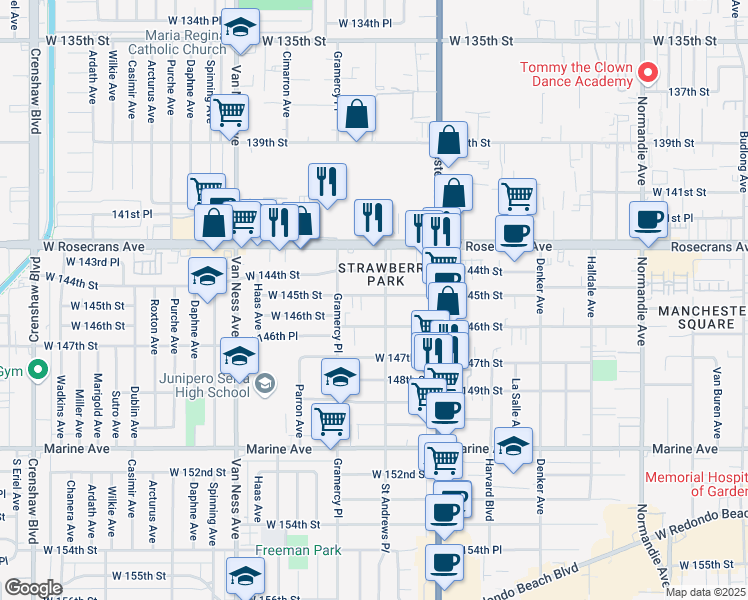 map of restaurants, bars, coffee shops, grocery stores, and more near 1914 West 145th Street in Gardena