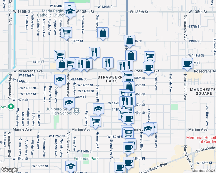 map of restaurants, bars, coffee shops, grocery stores, and more near 1914 West 145th Street in Gardena