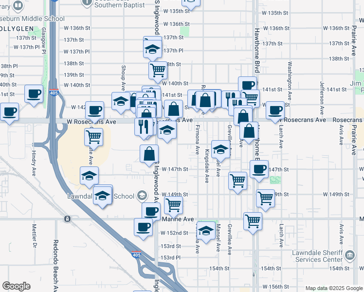 map of restaurants, bars, coffee shops, grocery stores, and more near 4640 West 145th Street in Lawndale
