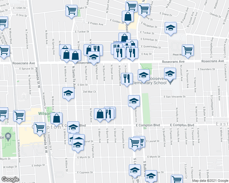 map of restaurants, bars, coffee shops, grocery stores, and more near 522 North Sloan Avenue in Compton