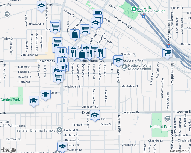 map of restaurants, bars, coffee shops, grocery stores, and more near 14412 Funston Avenue in Norwalk