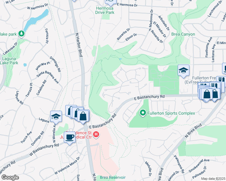 map of restaurants, bars, coffee shops, grocery stores, and more near 430 Pebble Beach Place in Fullerton