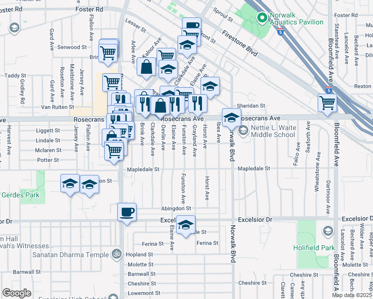 map of restaurants, bars, coffee shops, grocery stores, and more near 14412 Funston Avenue in Norwalk