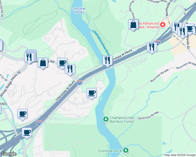 map of restaurants, bars, coffee shops, grocery stores, and more near 1146 Riverbend Club Drive Southeast in Atlanta