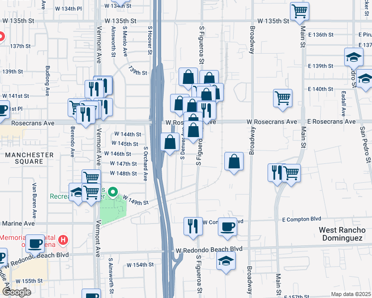 map of restaurants, bars, coffee shops, grocery stores, and more near 14510 South Denver Avenue in Gardena