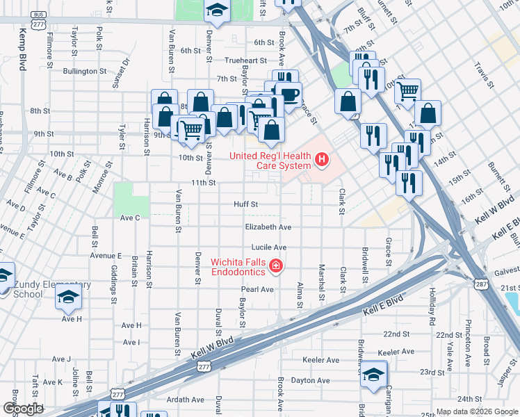 map of restaurants, bars, coffee shops, grocery stores, and more near 1711 Huff Street in Wichita Falls