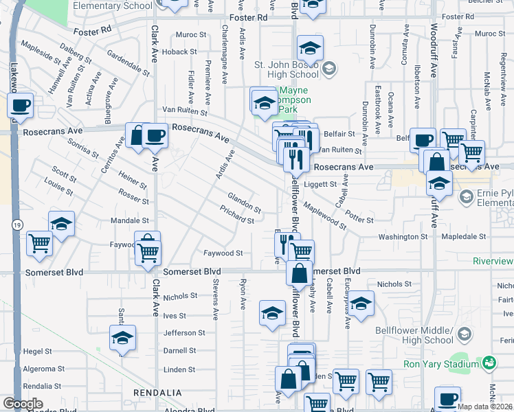 map of restaurants, bars, coffee shops, grocery stores, and more near 9713 Glandon Street in Bellflower