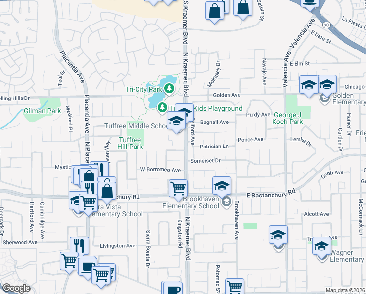 map of restaurants, bars, coffee shops, grocery stores, and more near 101 Santa Rosa Way in Placentia