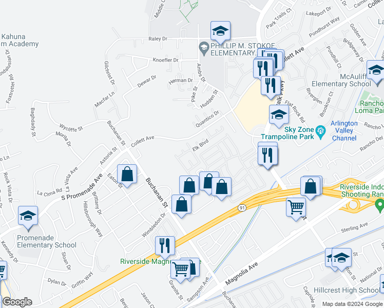 map of restaurants, bars, coffee shops, grocery stores, and more near 4150 Tuscola Place in Riverside