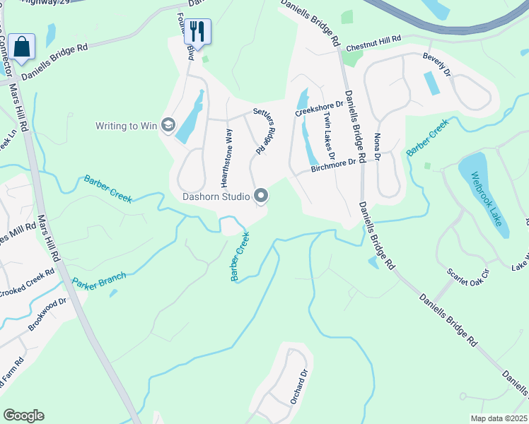 map of restaurants, bars, coffee shops, grocery stores, and more near 1251 Settlers Ridge Road in Athens
