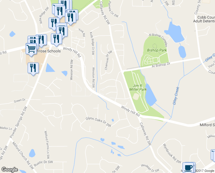 map of restaurants, bars, coffee shops, grocery stores, and more near 1177 Cumberland Creek Way Southwest in Marietta