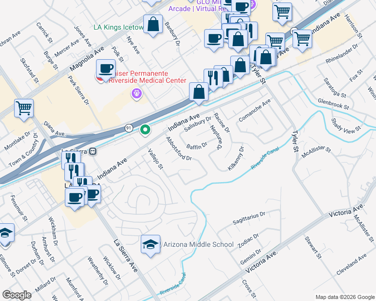 map of restaurants, bars, coffee shops, grocery stores, and more near 3272 Baffin Drive in Riverside